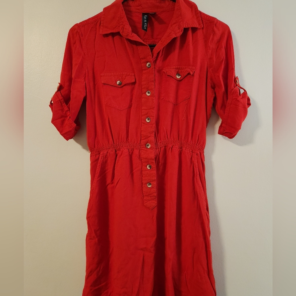 🦋 Red Button-Up Dress With Pockets By FUN & FLIRT